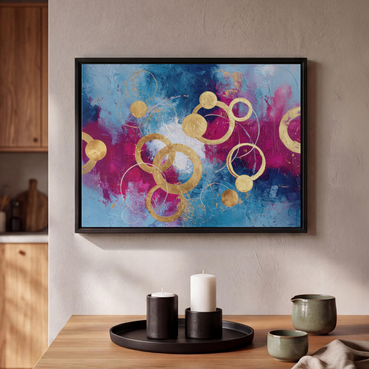 LEINWAND Bilder mit Rahmen - Kreise - Gold - Abstrakt - 40x30 - Blau, Textil (40/30cm) - MuchoWow