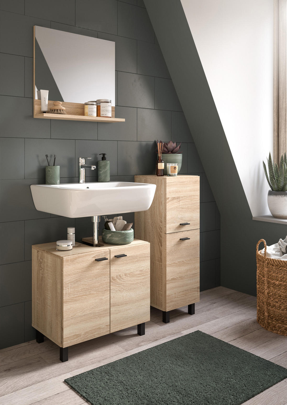 BADMÖBEL-SET Eiche 3-teilig 100 cm, Komplettset hängend oder stehend - Eichefarben, Glas/Holzwerkstoff (102/186/33cm) - Inn.Furn