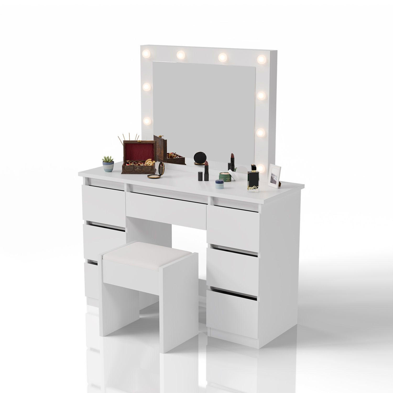 SCHMINKTISCH Talea mit LED (3 Lichtstufen) inkl Hocker Melly - Weiß, Holz (110/141/40cm) - Juskys