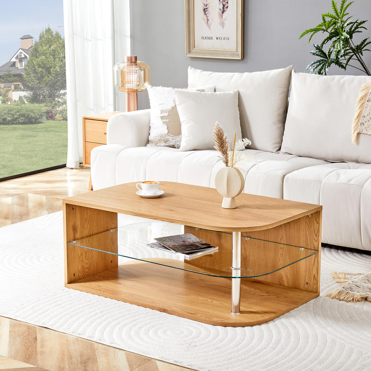 COUCHTISCH aus MDF und Glas 100x60x42 cm in Naturholz mit Stauraum - Naturfarben, Holzwerkstoff (100/60/42cm) - Modfu