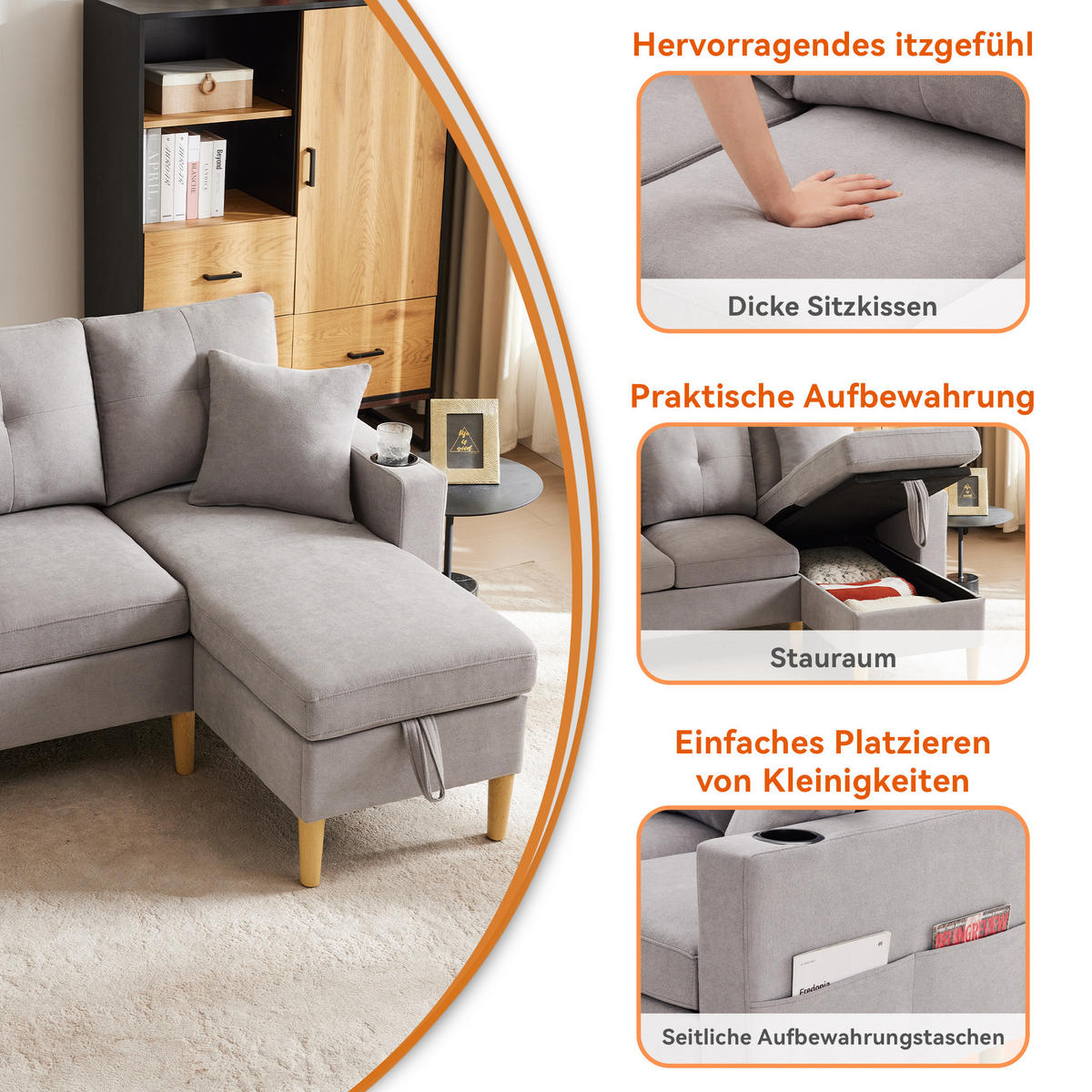 ECKSOFA Baumwolle-Leinen mit Stauraum und Getränkehaltern 175/129/90 cm Hellgrau mit 2 Kissen - Hellgrau, Textil (175/129cm) - Redom