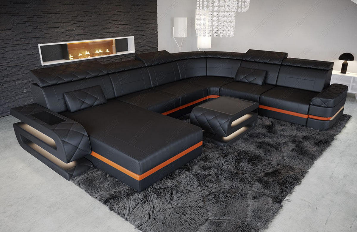 WOHNLANDSCHAFT Bologna Schwarz Orange Echtleder - Schwarz, Leder (397/89/299cm)