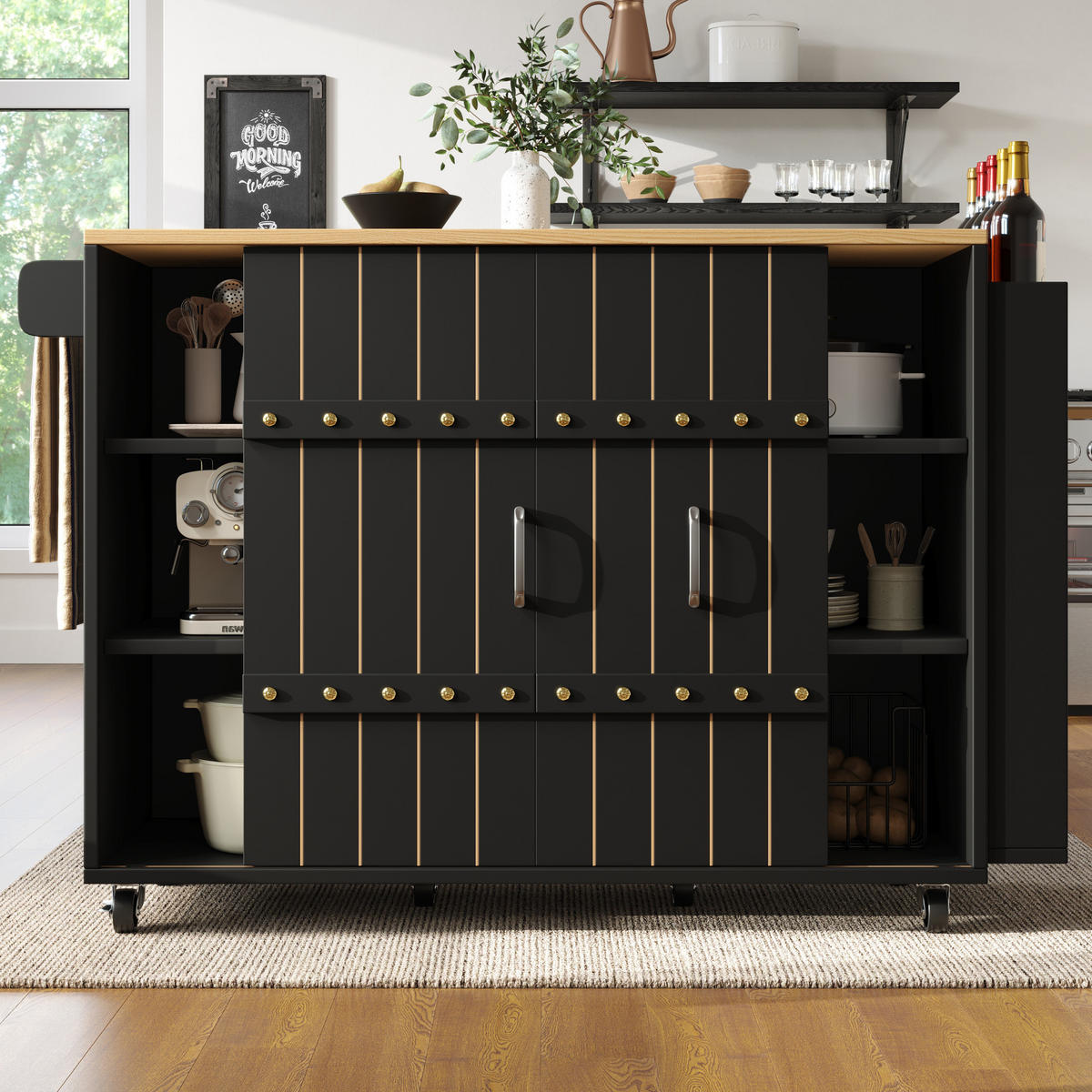 KÜCHENINSEL 110/42/90 cm schwarz mit Klapptisch mit Schiebetüren und Schubladen - Schwarz, Holzwerkstoff (110/90/42cm) - OKWISH