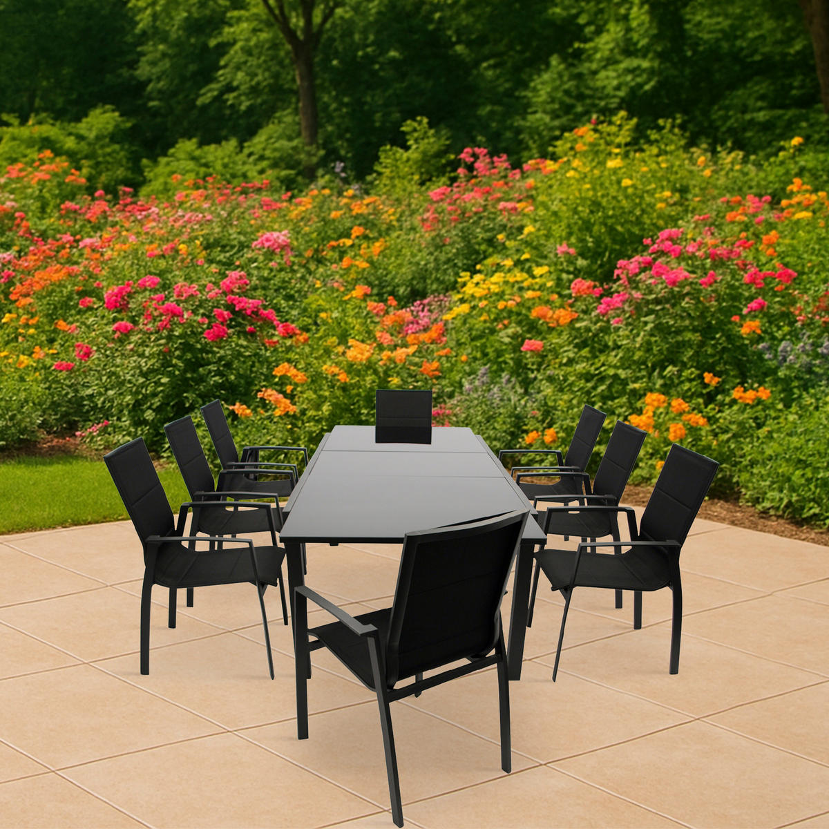 GARTENGARNITUR Ashford - 9-teilig (8x Stapelsessel, Aluminium + Kunstgewebe schwarz Ausziehtisch 180/240x100cm) - Schwarz, Metall - TPFGarden