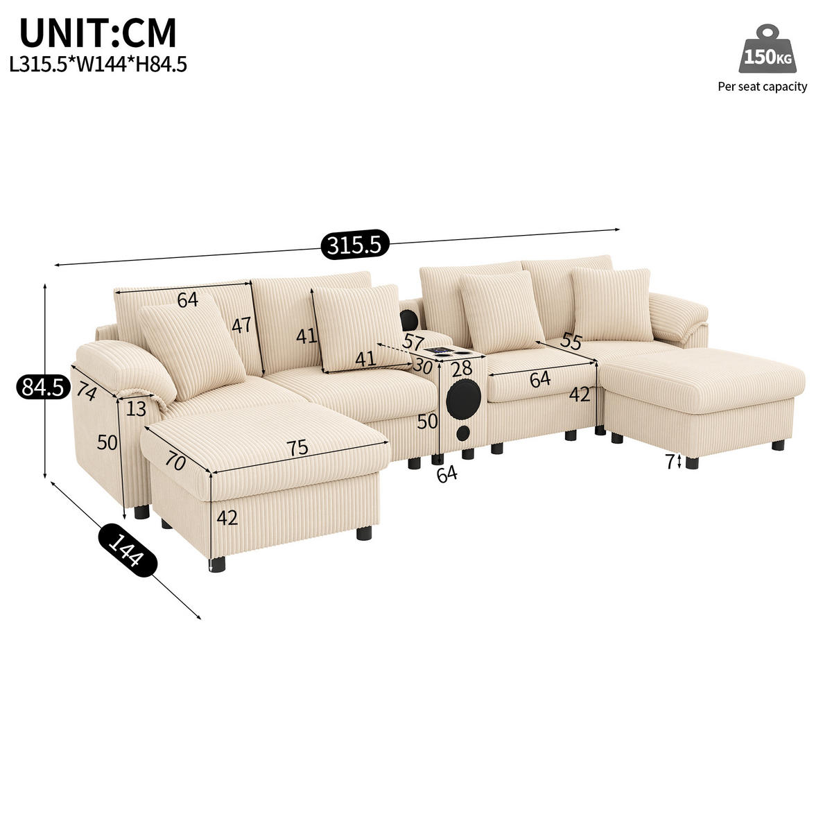 WOHNLANDSCHAFT Cord Beige mit Stauraum, Bluetooth, USB und Type-C - Beige, Holzwerkstoff/Kunststoff (315.5/84.5/144cm) - WISHDOR
