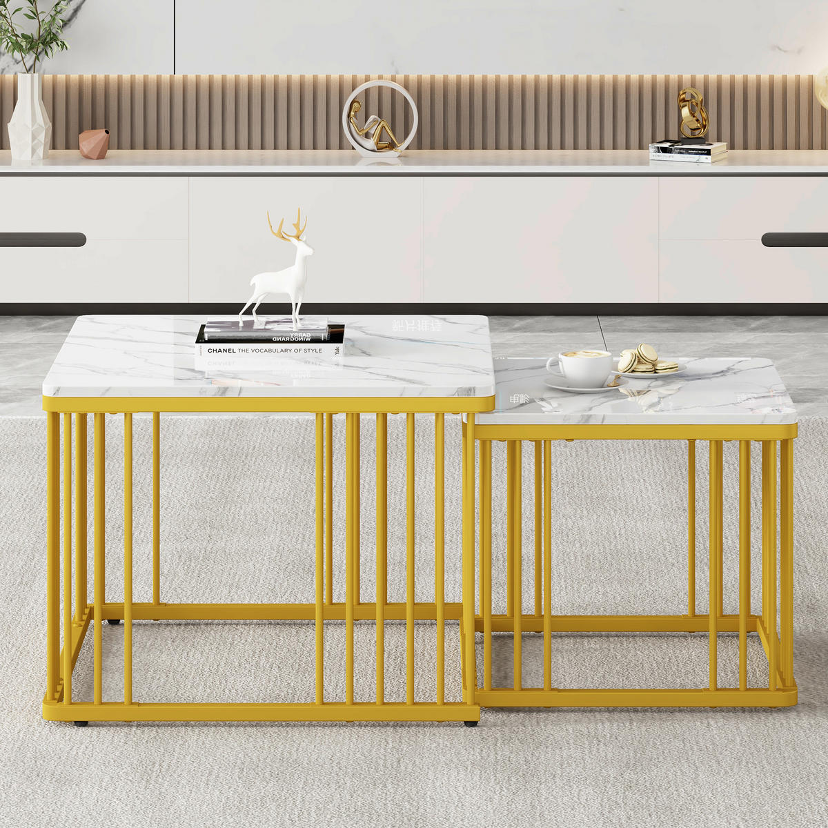 COUCHTISCH SET 2 Marmoroptik Gold Beine 60x60 45x45 Vielseitig - Weiß, Holzwerkstoff (105/60/45cm)