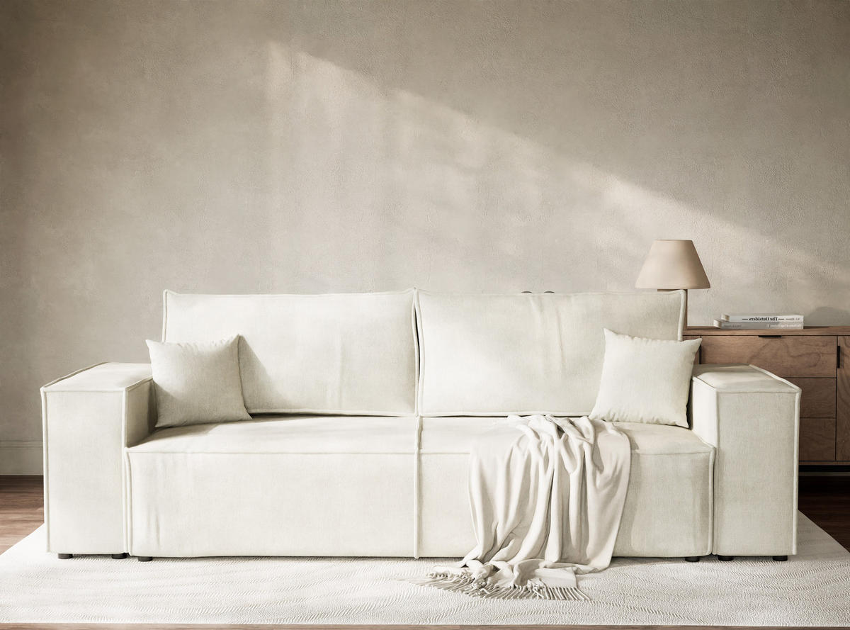 SOFA MIT SCHLAFFUNKTION Milos Creme Webstoff - Creme/Schwarz, Holz/Holzwerkstoff (255/70/105cm) - Maison de Reve