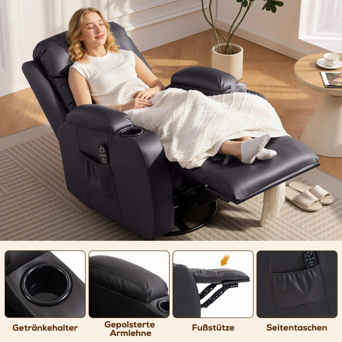 RELAXSESSEL elektrisch verstellbar Massagesessel mit Liegefunktion, Heizung - Dunkelbraun/Hellgrau, Textil (82/103/99cm) - HOMCOM