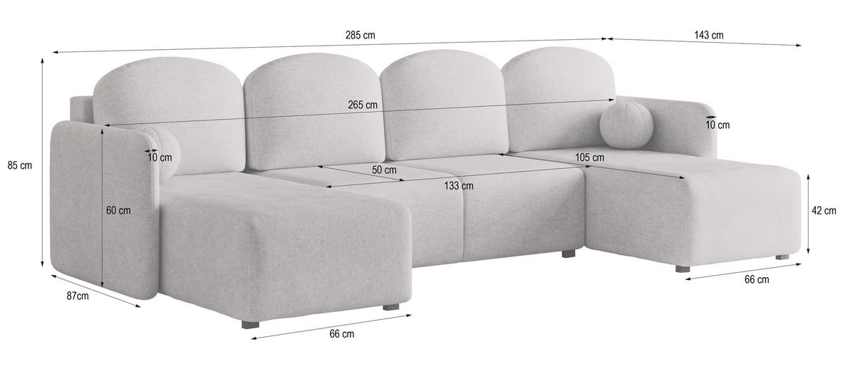 WOHNLANDSCHAFT NUBERO Hellgrau Geflochtener Stoff mit Schlaffunktion - Hellgrau, Holz (285/85/143cm) - MASSENO