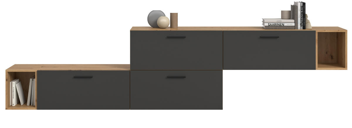 SIDEBOARD grau, Eiche Artisan 277 cm, Kommode mit Soft-Close - Schwarz/Eiche Artisan, Holzwerkstoff/Kunststoff (277/65/34cm) - Inn.Furn