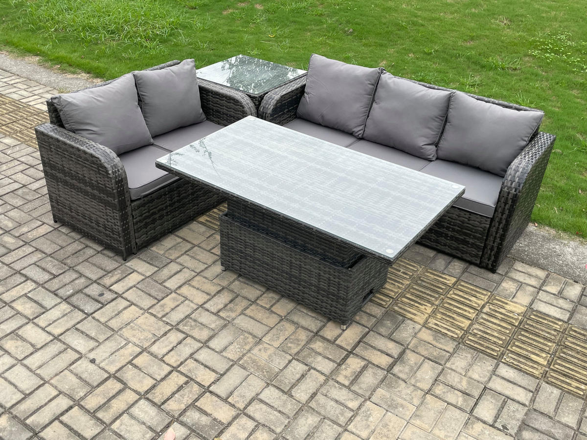 GARTENSOFA-SET HÖHENVERSTELLBARER ESSTISCH BEISTELLTISCH Polyrattan 5-Sitzer - Dunkelgrau/Grau, Glas/Kunststoff - Fimous