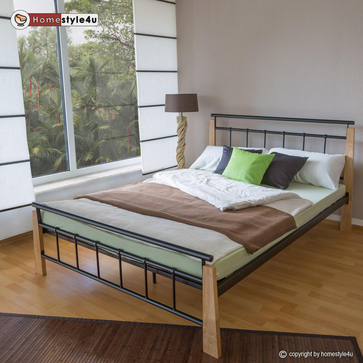 METALLBETT 160/200 cm in Schwarz Natur mit Lattenrost - Schwarz/Naturfarben, Metall (160/200cm) - Homestyle4u