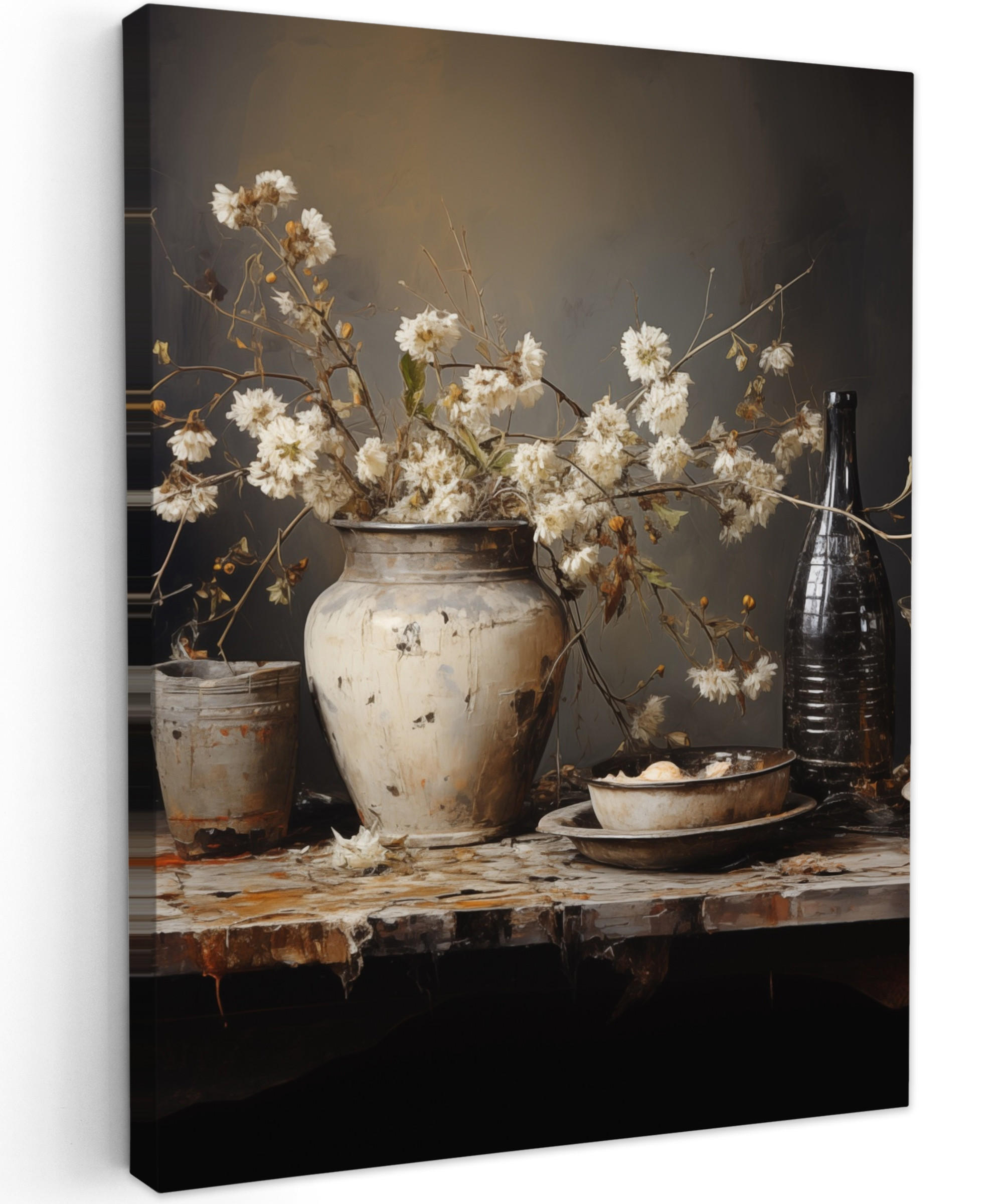 LEINWANDBILD Stilleben - Blumen - Blumenstrauß - Vase - Wein 30x40 cm - Schwarz, Textil (30/40cm) - MuchoWow