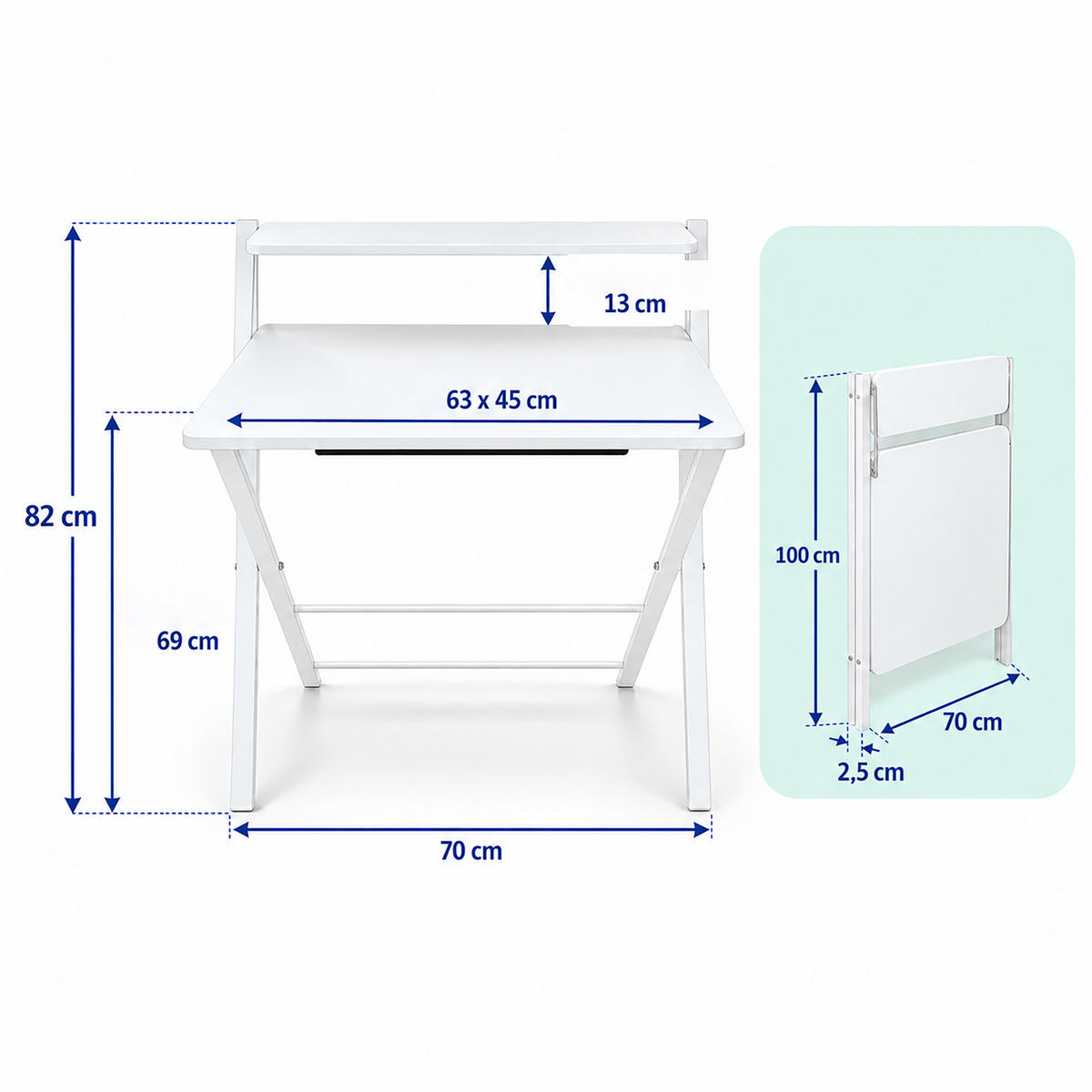 BIROU Alb pliabil cu suport monitor 70x56 cm - alb, compozit lemnos/metal (56/70/82cm) - Relaxdays