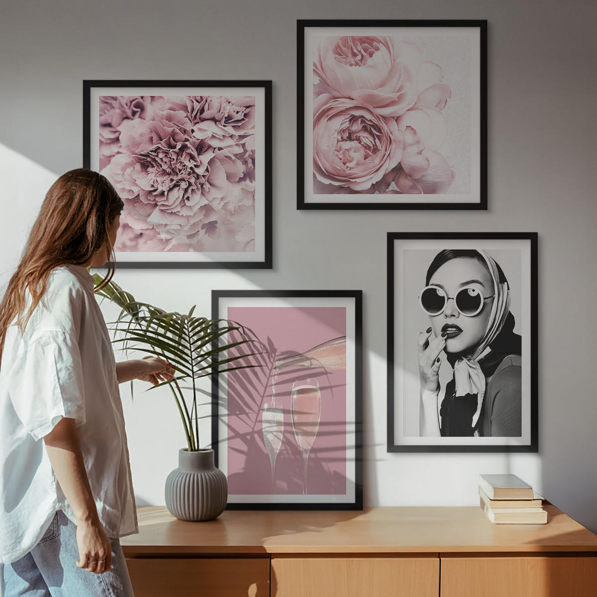 BILDER SET 4er Set - 50x50 cm & 40x60 cm Schwarzer Rahmen - Blumen, Pfingstrosen, Rosen, Eleganz - Schwarz, Kunststoff (50/50cm) - TULUP