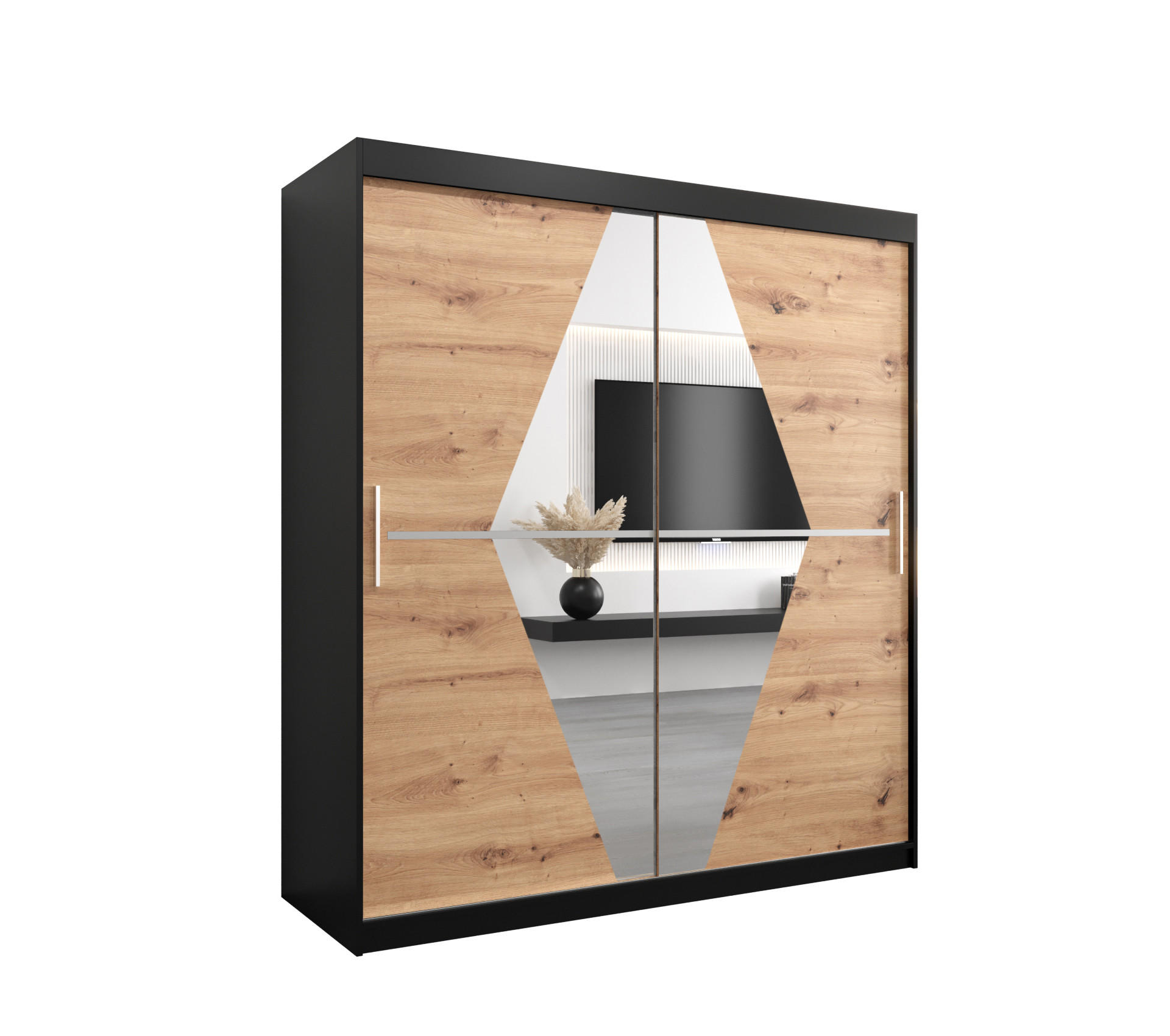 Abiks Möbel Schwebetürenschrank Schwarz, Eiche Artisan 180x200x62 cm