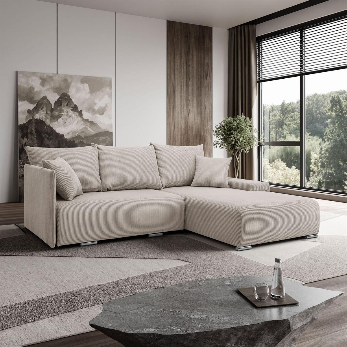 ECKSOFA LAVIO L mit Schlaffunktion und Bettzeugkasten Rechte - Beige, Textil (246/188cm) - Lookway