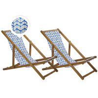 GARTENLIEGE 2er-Set hellbraun Textil weiß/blau ZickZack-Muster Anzio - Hellbraun/Blau, Textil (54/70/97cm) - Beliani