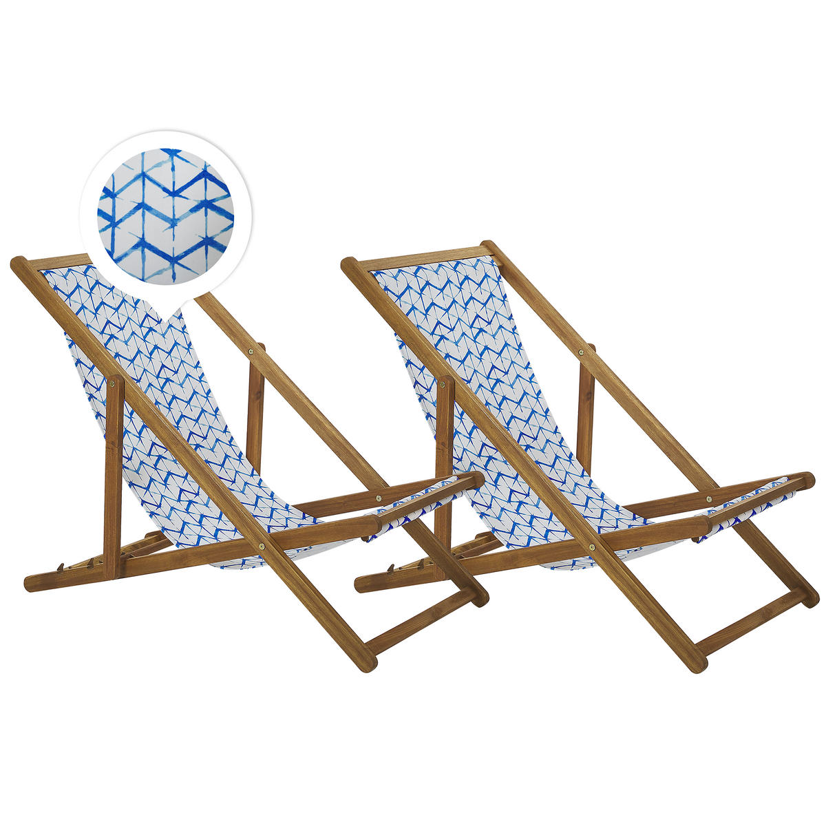 GARTENLIEGE 2er-Set hellbraun Textil weiß/blau ZickZack-Muster Anzio - Hellbraun/Blau, Textil (54/70/97cm) - Beliani