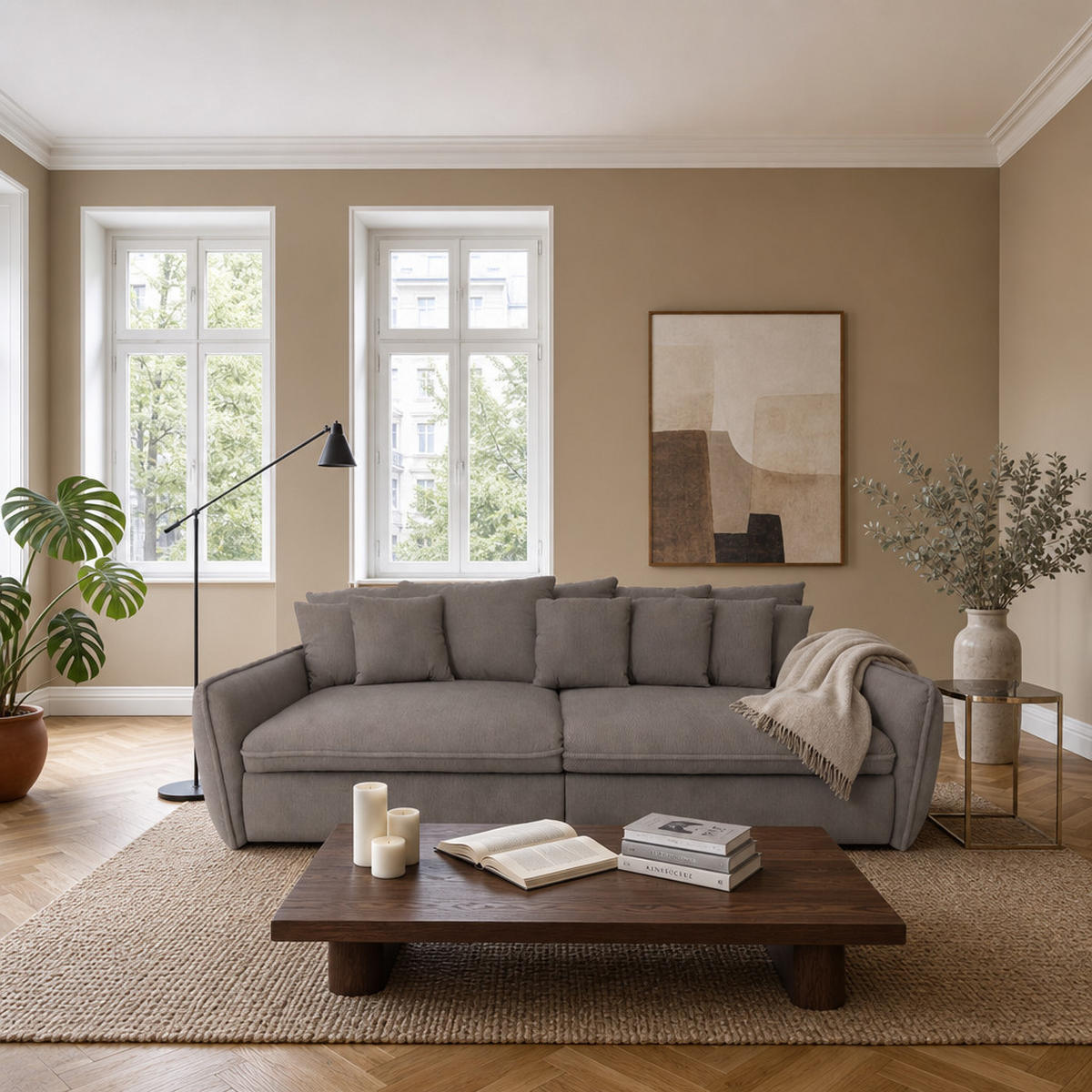 BIGSOFA Hereford Cord Taupe inkl. 11 Kissen 234/131/61 cm - Taupe, Kunststoff/Textil (234/61/131cm) - foamnova