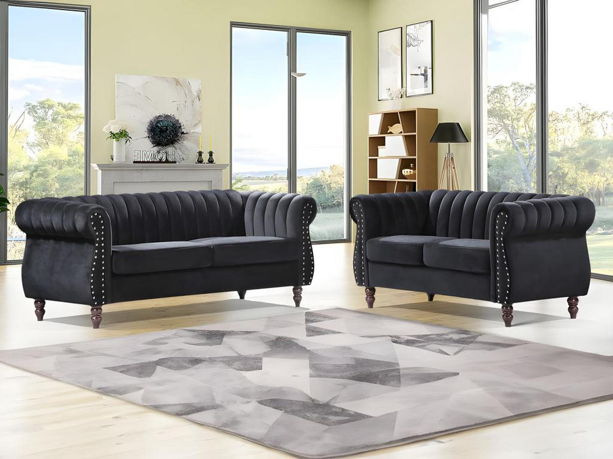 CHESTERFIELD-SOFAGARNITUR - 3-Sitzer & 2-Sitzer - Samt - Schwarz - TRUMBO - Schwarz, Textil (78/77/195cm) - Vente-Unique