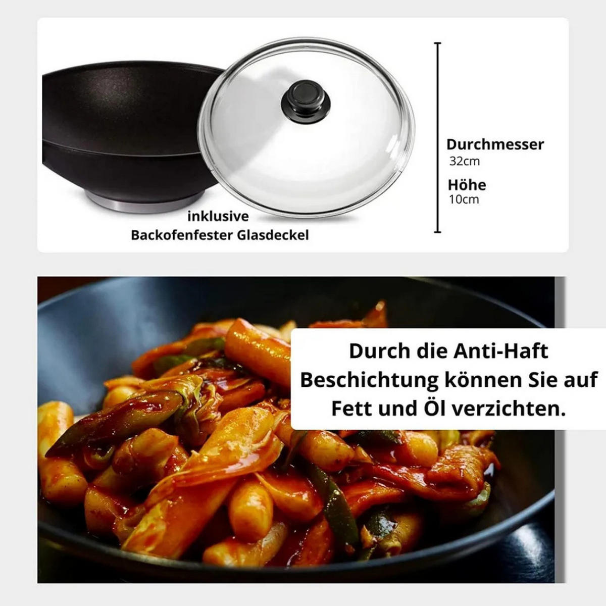 WOKPFANNE Maku Aluguss 32 cm mit Glasdeckel Induktion - Schwarz, Glas/Metall (32cm) - JUNG