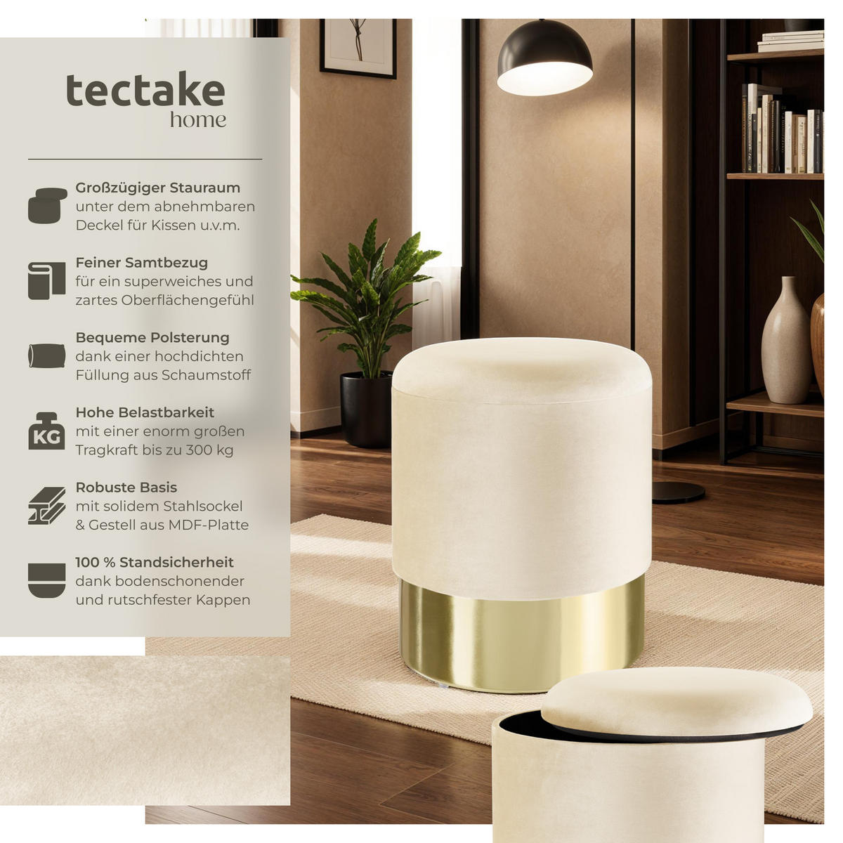 SITZHOCKER mit Stauraum Sarina,36 x 44,5 cm,creme - Creme, Holz (36/44.5/36cm) - tectake