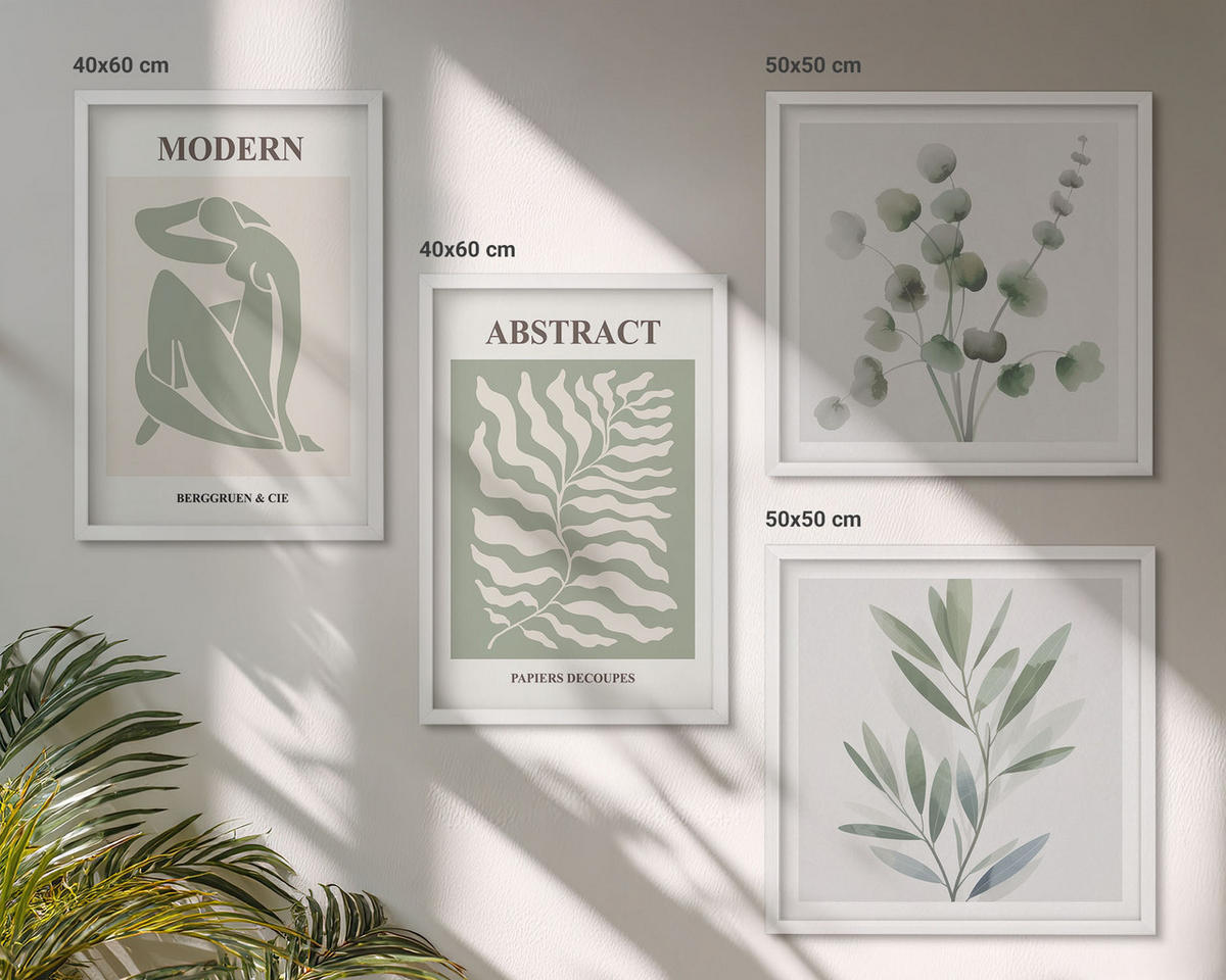 BILDER SET 4er Set - 50x50 cm & 40x60 cm Weißer Rahmen - Matisse entwirft Boho-Pflanzen - Weiß, Kunststoff (50/50cm) - TULUP