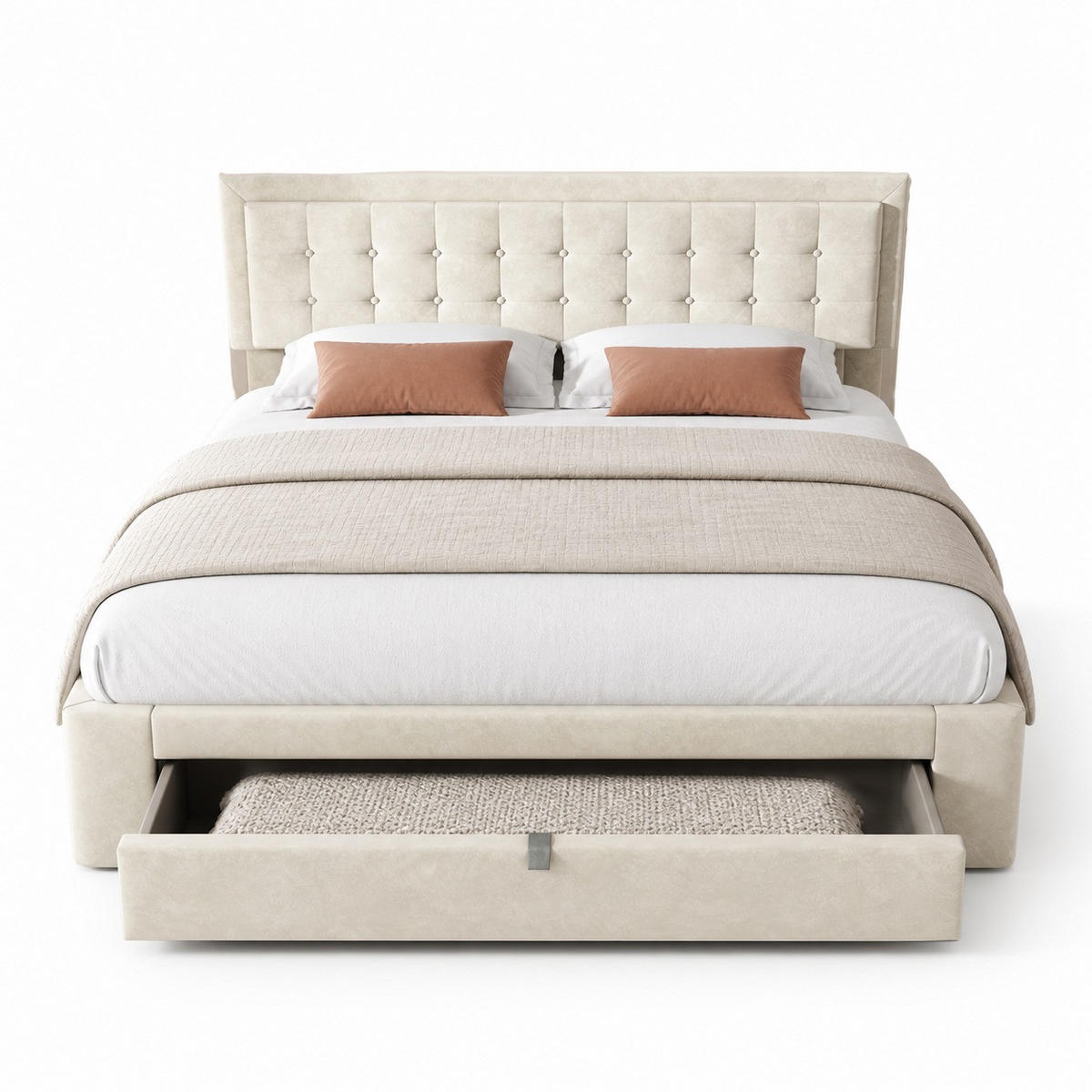 POLSTERBETT 160/200 cm in Beige Samt mit Bettkasten und Schubladen - Beige, Holzwerkstoff/Textil (160/200cm) - CHICFURN