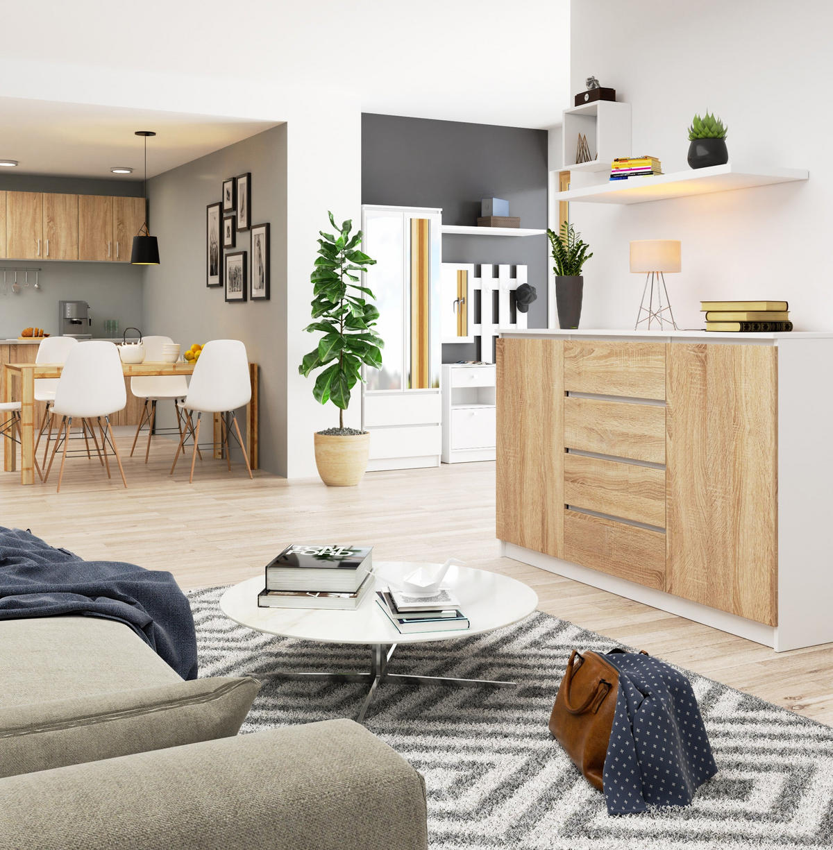 KOMMODE Weiß, Eiche Sonoma 99/160/40 - Weiß, Holzwerkstoff (160/99/40cm) - RAUMHIRSCH FURNITURE