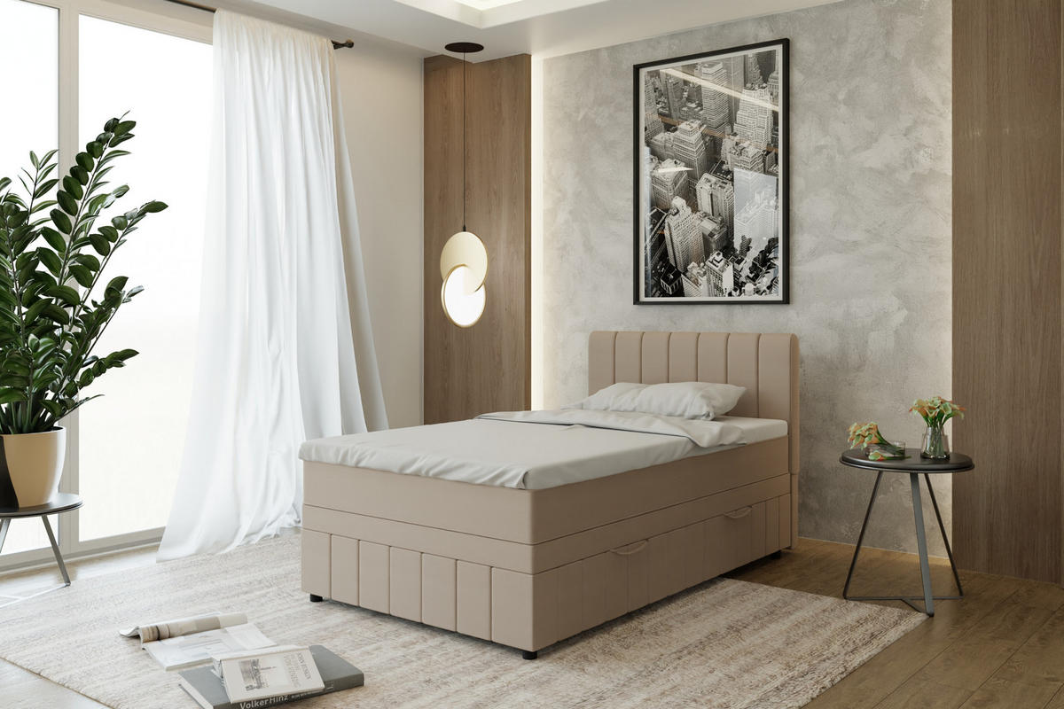 BOXBETT AVALON 120 x 200 cm mit Bettkasten und Topper - Beige - Beige, Holz - Panda Möbel