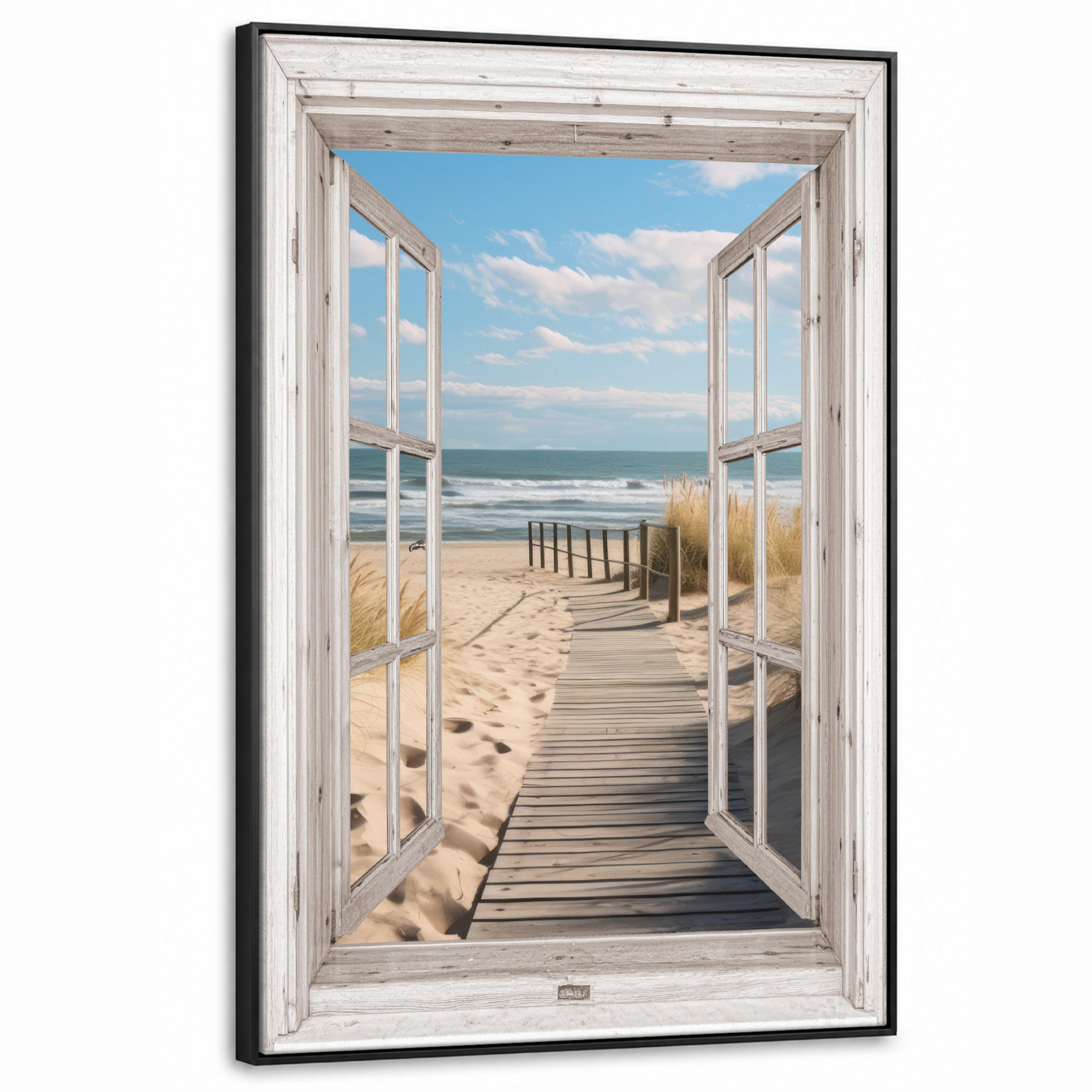 LEINWAND Bilder mit Rahmen - Fenster - Meer - Küste - Natur - Ausblick - Strand - Wattenmeer - 100x150 - Beige, Textil (100/150cm) - MuchoWow