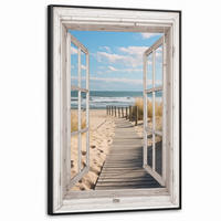 LEINWAND Bilder mit Rahmen - Fenster - Meer - Küste - Natur - Ausblick - Strand - Wattenmeer - 100x150 - Beige, Textil (100/150cm) - MuchoWow