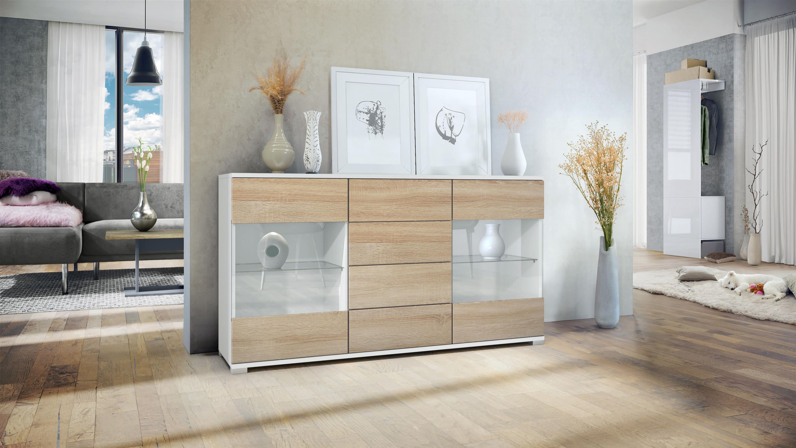 SIDEBOARD Bari Eiche sägerau - Eiche San Remo, Holzwerkstoff (138.5/75.5/35cm) - Vladon