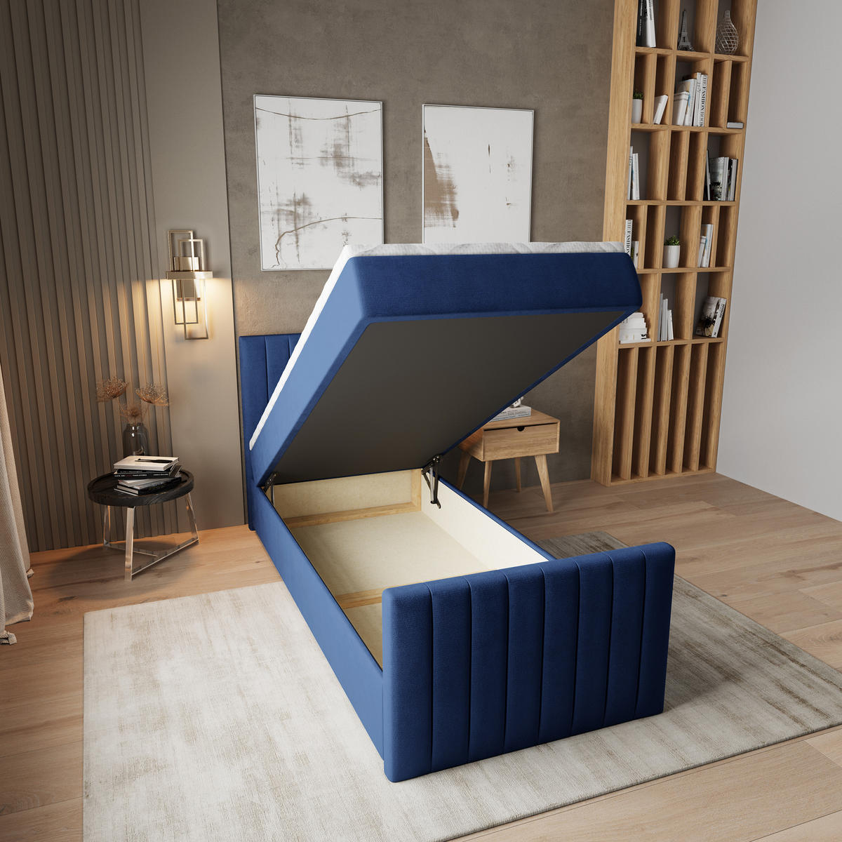 BOXBETT ARION 80 80x200 cm mit Matratze und Topper, H2+H3 - Blau - Blau, Holz (80/200cm) - MASSENO