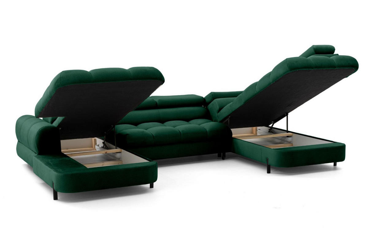 ECKSOFA U-Form BOWL U Rechts mit Schlaffunktion 125x265 Velours Grün - Schwarz/Grün, Holz/Textil (195/90/339cm) - Muffo