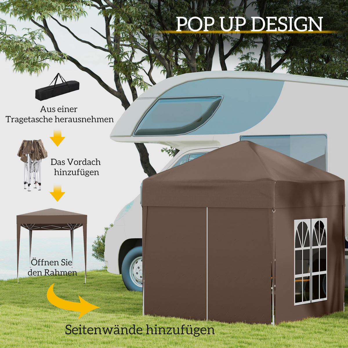 FALTPAVILLON, Schwarz, Stahl, Oxford-Stoff - Braun, Metall (200/240/200cm) - Outsunny