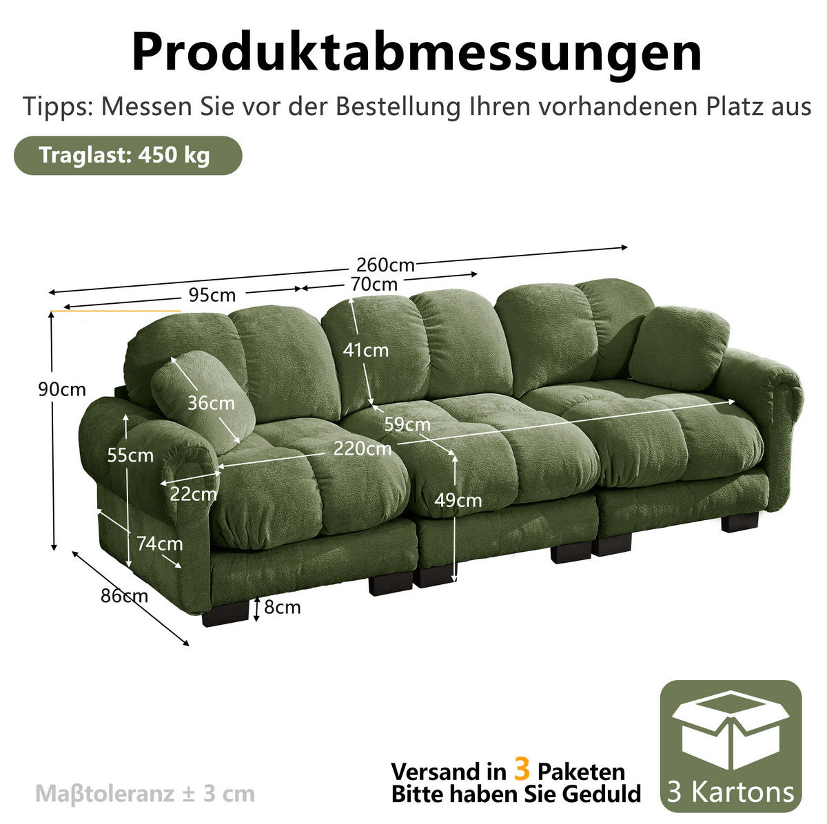 SOFA 260/86/90 cm in Grün aus Chenille mit Steppnähten und modularer Bauweise - Grün, Textil (86/90/260cm) - Flora Grace