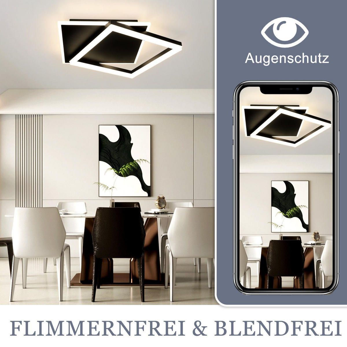 LED-DECKENLEUCHTE Lena 48.5/47.5/6 cm - Schwarz, Metall (48.5/47.5/6cm) - Nettlife