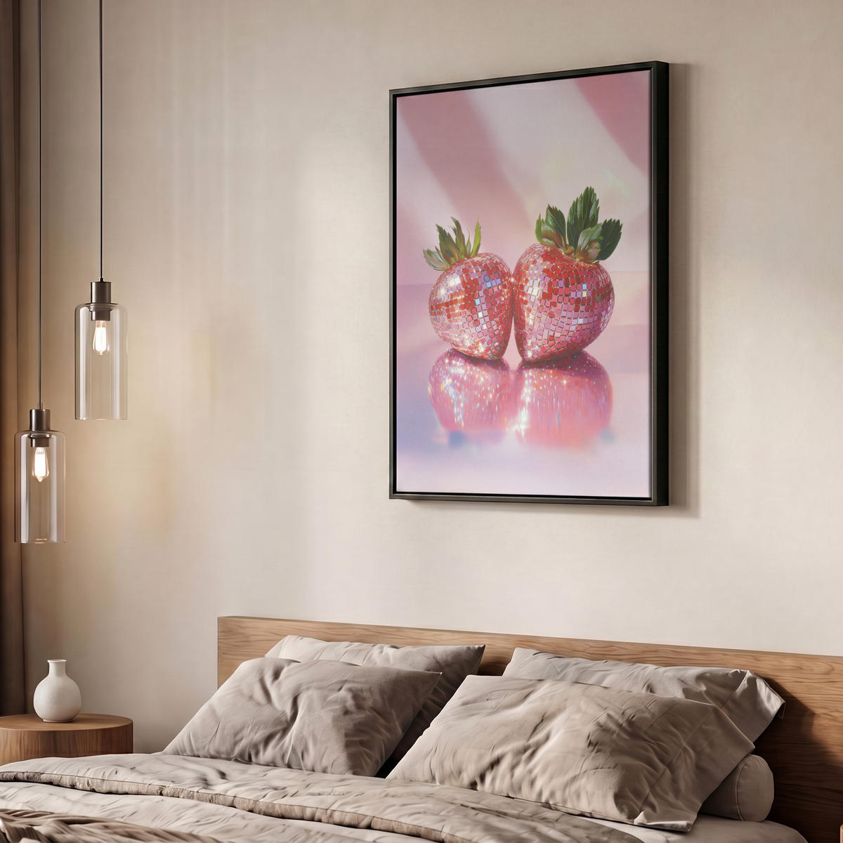 LEINWAND Bilder mit Rahmen - Disco - Obst - Glitzer - Erdbeere - 50x70 - Pink, Textil (50/70cm) - MuchoWow