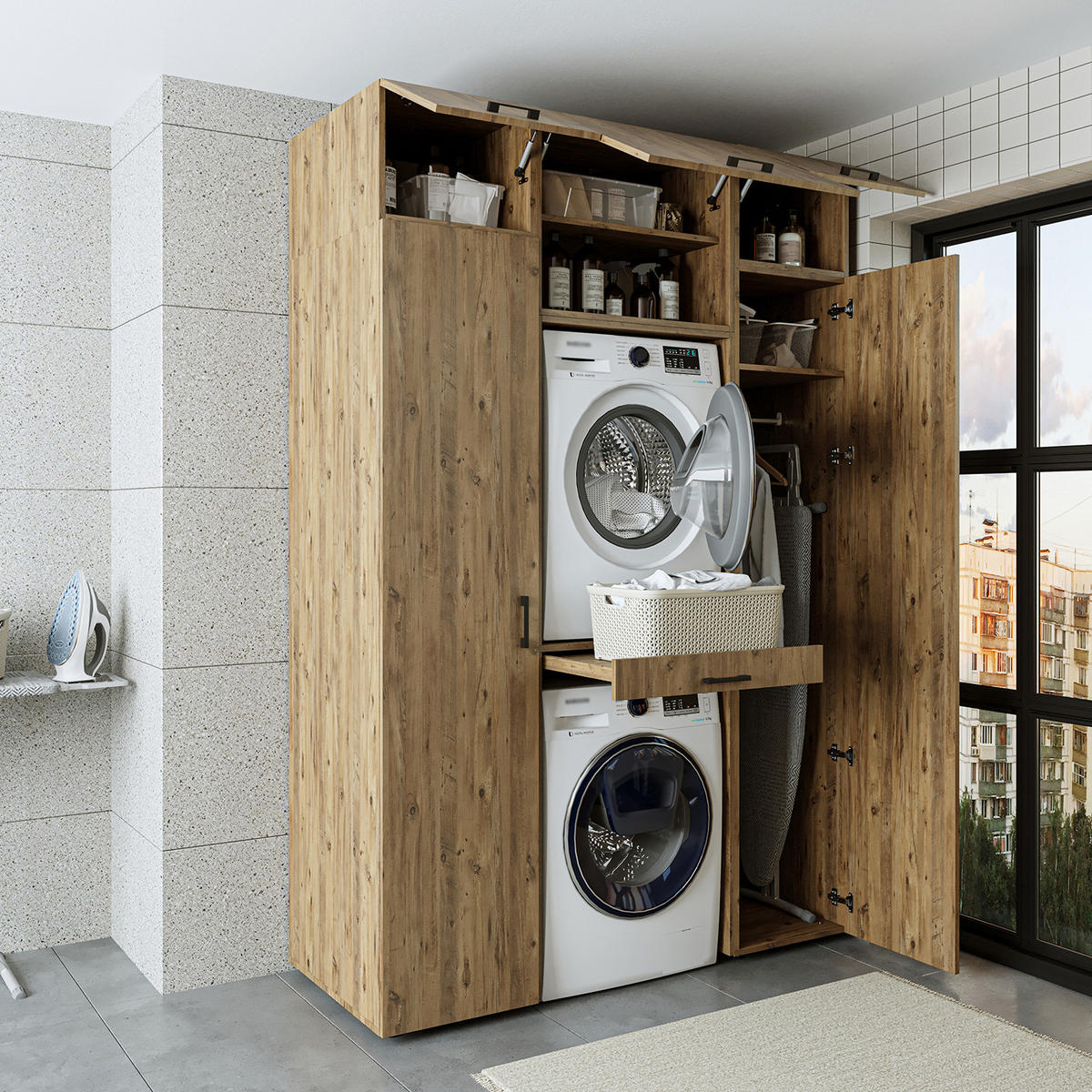 WASCHMASCHINENSCHRANK DUO-I 157cm Breit, 240cm Hoch - Eichefarben, Holzwerkstoff (157/240/67cm)