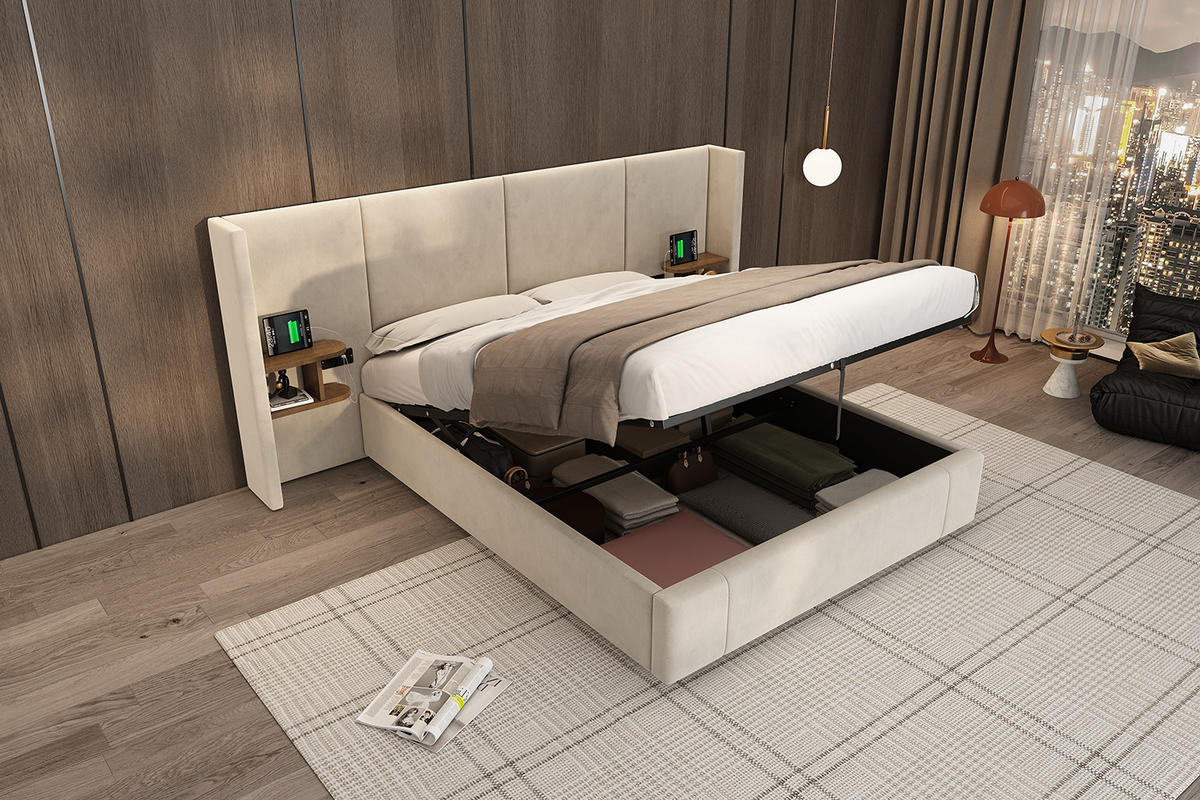 POLSTERBETT 160/200 cm in Beige Samt mit Bettkasten, 2 Nachttischen, USB und Steckdosen - Beige, Holzwerkstoff/Textil (160/200cm) - CHICFURN