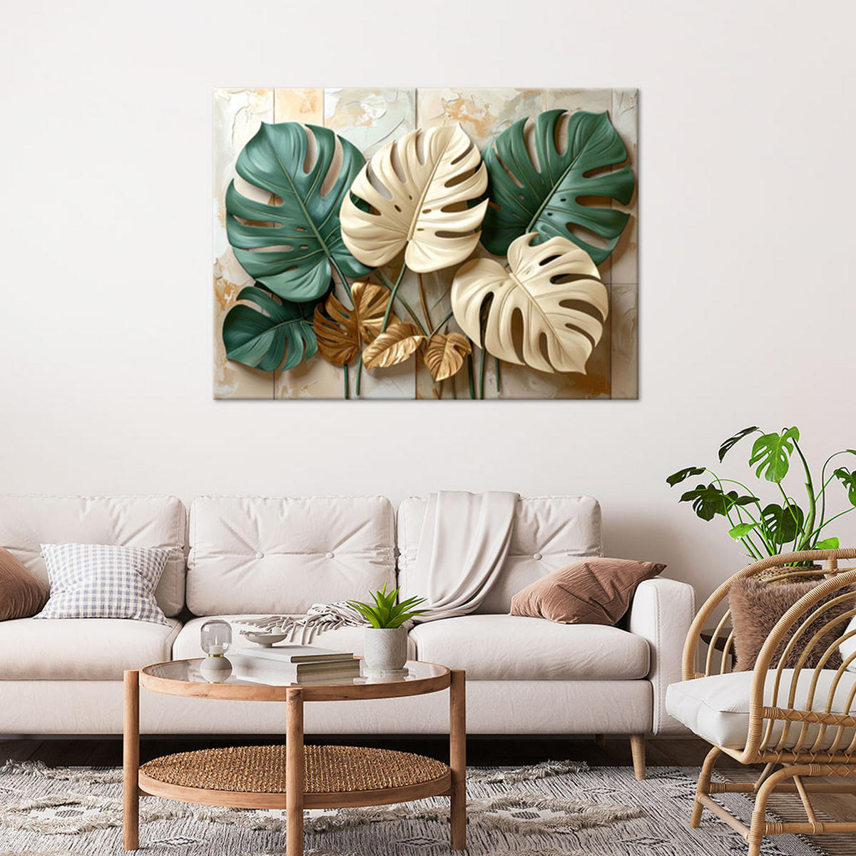 BILD auf Leinwand, Grüne und weiße Monstera-Blätter (3D) - Grün, Textil (90/60cm) - Feeby