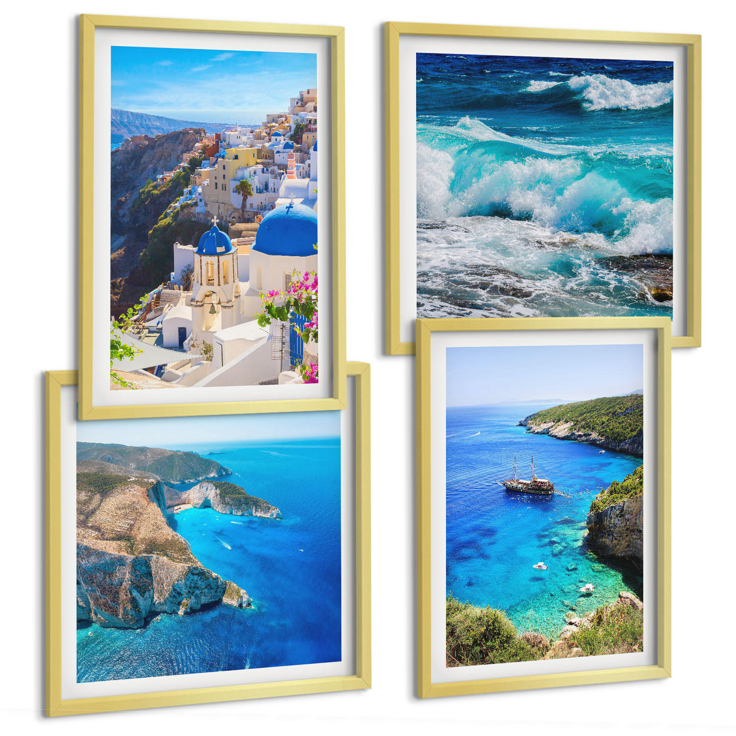 BILDER SET 4er Set - 50x50 cm & 40x60 cm Goldrahmen - Griechische Ansichten von Santorin Oia - Goldfarben, Kunststoff (50/50cm) - TULUP