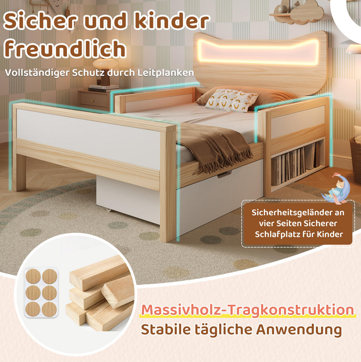 KINDERBETT 140/200 cm aus Holz mit LED-Katzenkopfteil und Stauraum Weiß/Eiche - Eichefarben, Holz (140/200cm) - Modenvie