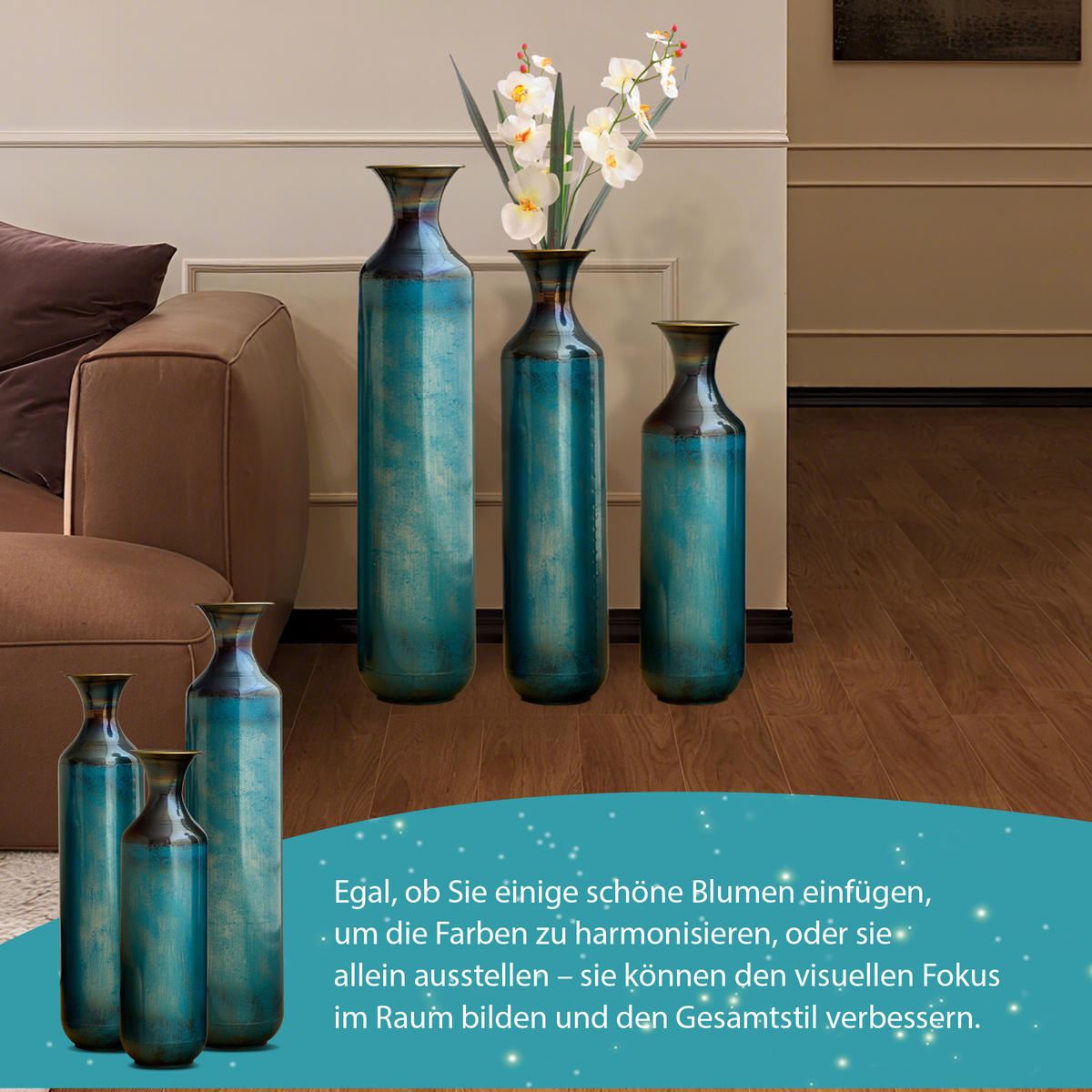 BODENVASE 3-tlg Metallvase 52-72cm Blaugrün-Patina Bodenvase Deko-Vase Trockenblumen - Grün, Metall (78.1cm) - Raelunyi