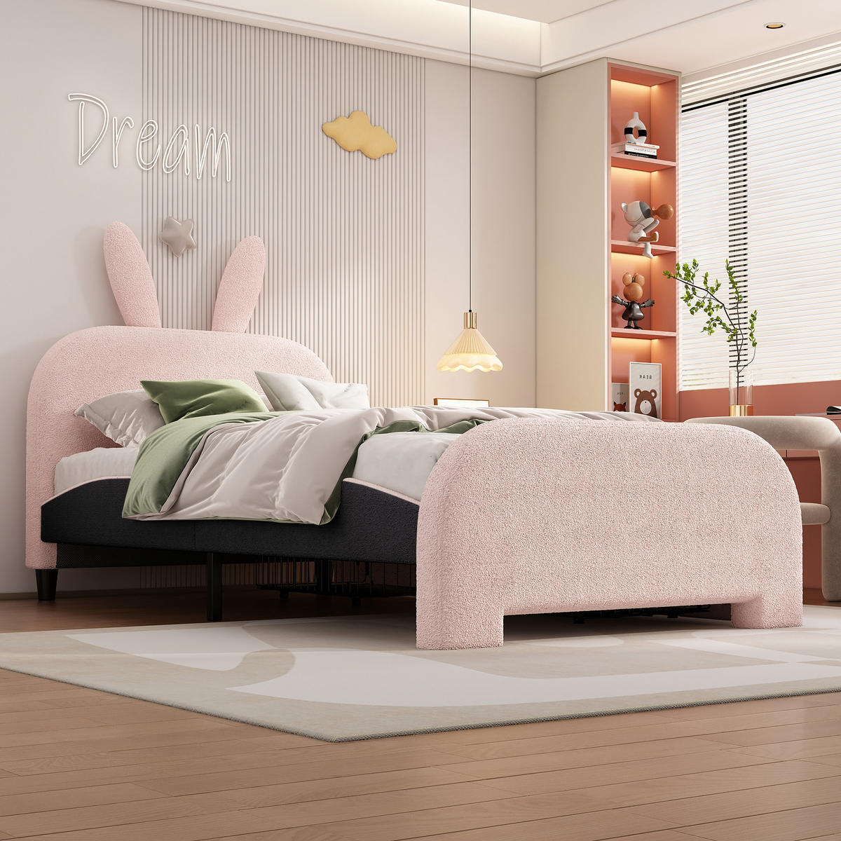 BETT 90/200 cm rosa Kaninchenform mit zwei Schubladen - Rosa, Textil (90/200cm) - OKWISH