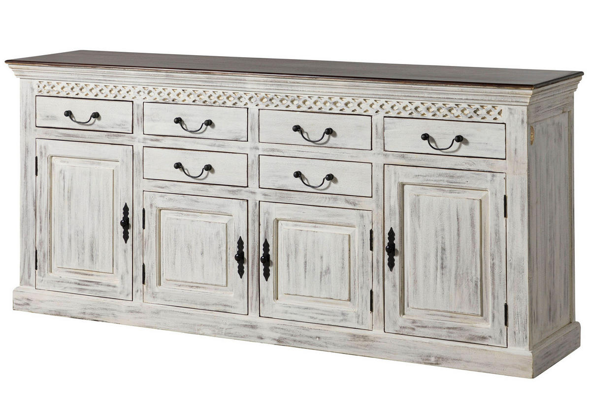 SIDEBOARD Mango / Akazie 200x45x90 weiß gewachst CASTLE-ANTIK #108 - Weiß, Holz (200/90/45cm) - Massivmoebel24