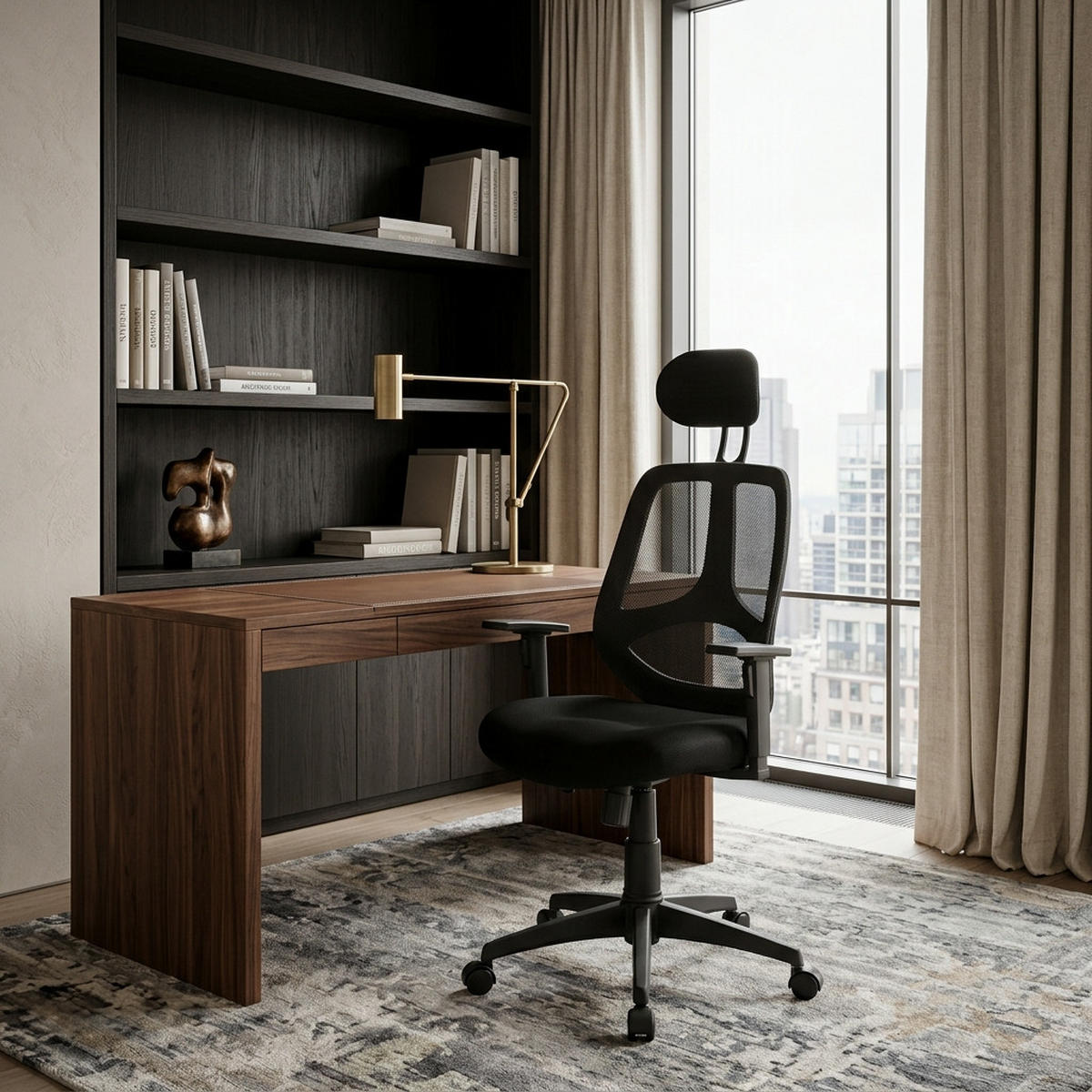 BÜRODREHSTUHL Schwarz Netz mit verstellbarer Kopfstütze, Armlehnen und 120 kg Belastbarkeit KOMFORTABEL - Schwarz, Textil (61/127/57cm) - KADIMA DESIGN