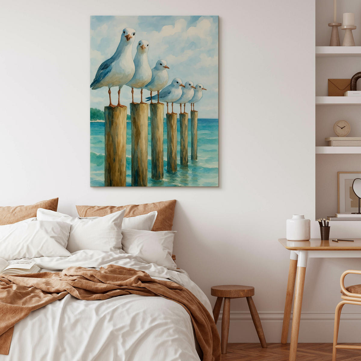 LEINWANDBILD Bemalte Möwen Meer 50/70cm - Blau/Beige, Textil (50/70cm) - Muralo